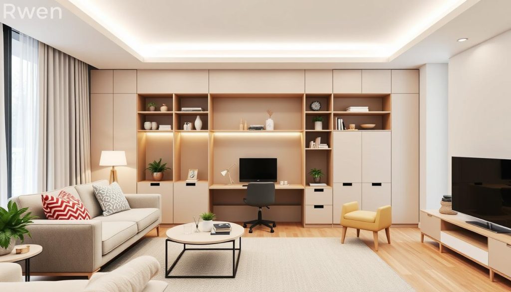 Modern living room featuring multi-functional furniture, a sleek foldable desk, and built-in storage solutions, bright color palette, minimalist decor, cozy atmosphere, Rwen Interiors"